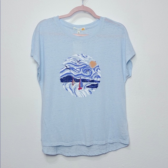 Light Blue Graphic T-Shirt with Sailboat Design - Picture 4 of 4